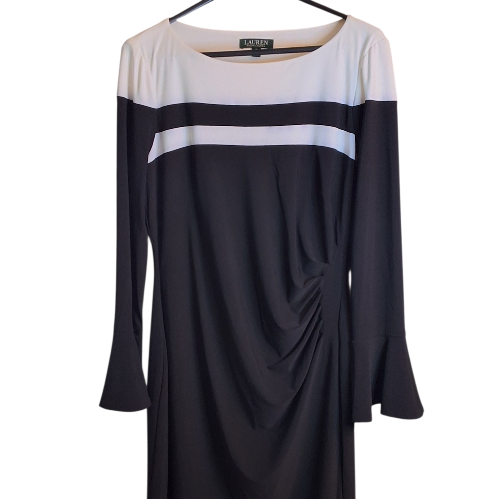 Lauren Ralph Lauren Black and White Long Sleeve Ruched Dress Brand New Size 14